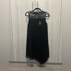 DKNY Asymmetrical Black leather chiffon pleated dress